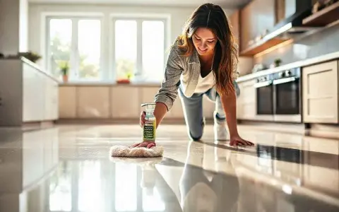 Une femme nettoie son carrelage de cuisine avec un produit pour le faire briller. Le sol reflète la lumière des fenêtres.