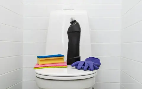 Produits de nettoyage pour les toilettes : une bouteille de produit, des éponges et des gants violets. Une astuce de grand-mère pour détartrer les wc.