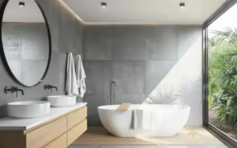 Salle de bain moderne avec baignoire îlot, double vasque et grande fenêtre donnant sur la végétation. L'étanchéité entre bac à douche et mur est assurée par des joints discrets.