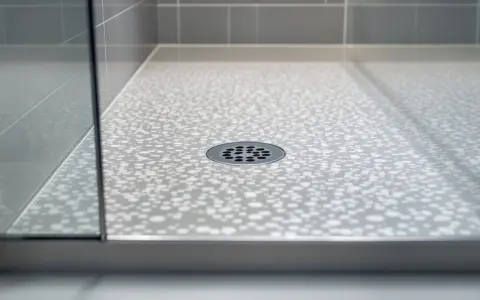 Bac de douche moderne avec motif de bulles et grille d'évacuation. La paroi vitrée reflète la lumière.
