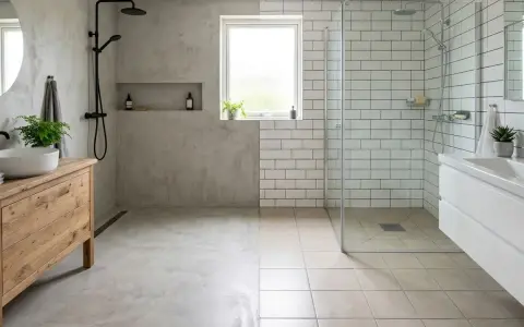 Salle de bain moderne avec sol en béton ciré ou résine d'un côté, et carrelage de l'autre. Douche vitrée, meuble vasque en bois.