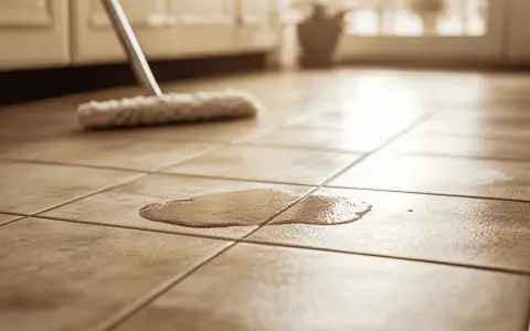 Un nettoyeur vapeur s'apprête à nettoyer un carrelage encrassé, une flaque d'eau sur le sol.
