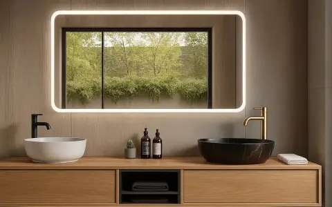 Élégante salle de bain feng shui avec deux vasques, robinetterie dorée et noire, et un miroir lumineux reflétant la verdure extérieure.