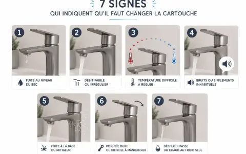 7 signes indiquant qu'il faut changer la cartouche : fuite, débit faible, température difficile à régler, bruits, poignée dure, débit instable. La durée de vie cartouche mitigeur est affectée par ces signes.