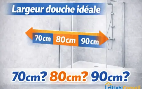 Largeur douche idéale : 70cm, 80cm, 90cm ? Une flèche indique les différentes dimensions possibles pour votre espace douche.