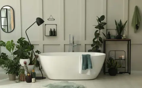 Une salle de bain baignée de lumière, avec une baignoire blanche, de nombreuses plantes vertes qui prospèrent dans l'humidité, et un miroir ovale.