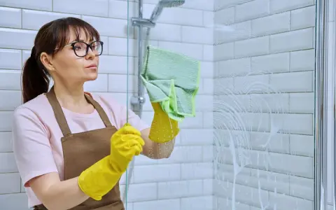 Femme avec des gants jaunes et une lingette verte en train de nettoyer le calcaire de la douche.