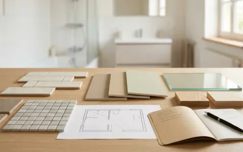 Échantillons de carrelage, plans et matériaux pour refaire une salle de bain budget.