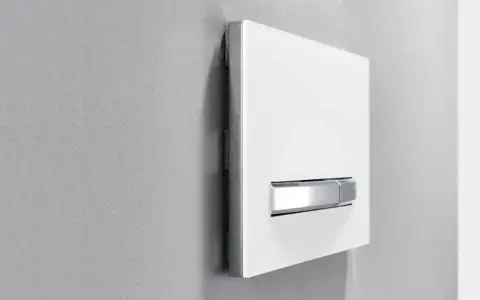 Plaque de déclenchement blanche avec double poussoir chromé pour une chasse d'eau à double débit, optimisant la consommation d'eau.