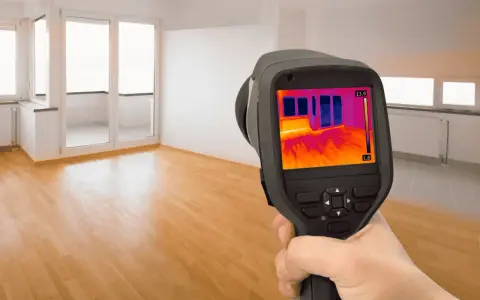 Caméra thermique utilisée pour comment detecter une fuite d'eau sous un carrelage. L'écran montre des variations de température, indiquant une potentielle humidité.