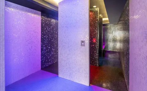 Un espace de détente aux murs recouverts de mosaïques scintillantes, baigné de lumières violettes et bleues. Une invitation à une douche sensorielle immersive.