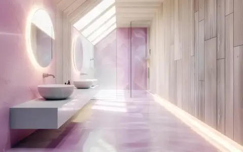 Salle de bain moderne aux murs roses texturés et au sol brillant. La **hauteur frise salle de bain** est soulignée par des miroirs ronds lumineux et une paroi de douche en verre.