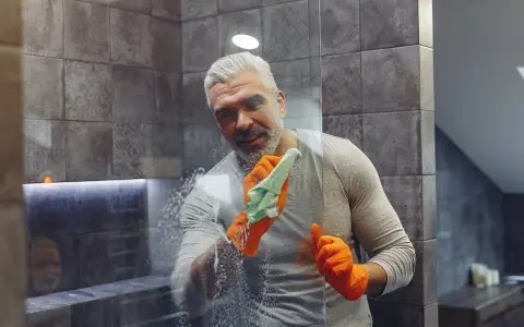 Un homme aux cheveux gris, portant des gants orange, nettoie une paroi de douche en plexiglas avec une éponge savonneuse.