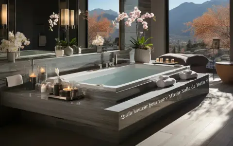 Salle de bain luxueuse avec baignoire, orchidées et vue panoramique. La question "Quelle hauteur pour votre miroir Salle de Bain ?" est inscrite.