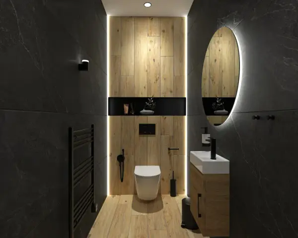 Salle de bain moderne avec deco wc noir et bois. Murs en ardoise, boiseries chaleureuses, miroir lumineux et sanitaires épurés.