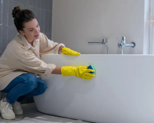 Femme en gants jaunes effectuant le nettoyage d'une baignoire acrylique avec une éponge.