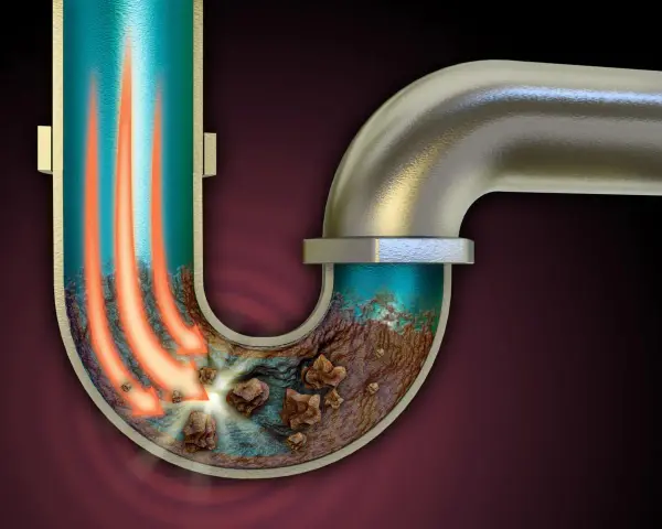 Tuyau de douche bouché avec accumulation de saleté, causant une mauvaise odeur. Des flèches rouges indiquent un flux bloqué.