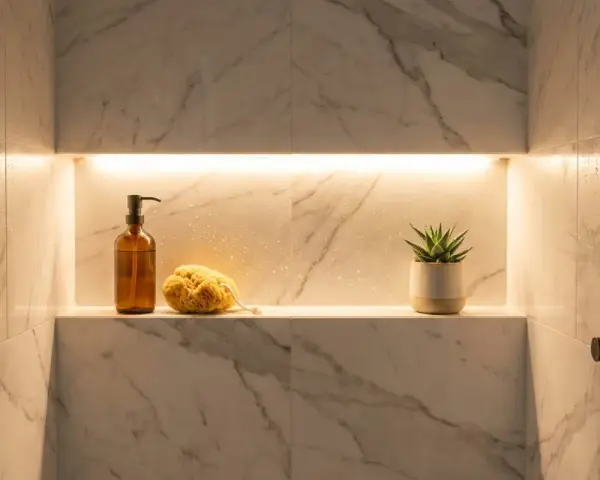 Une niche dans la salle de bain, éclairée par une lumière douce, présente une bouteille de savon, une éponge naturelle et une petite plante verte.