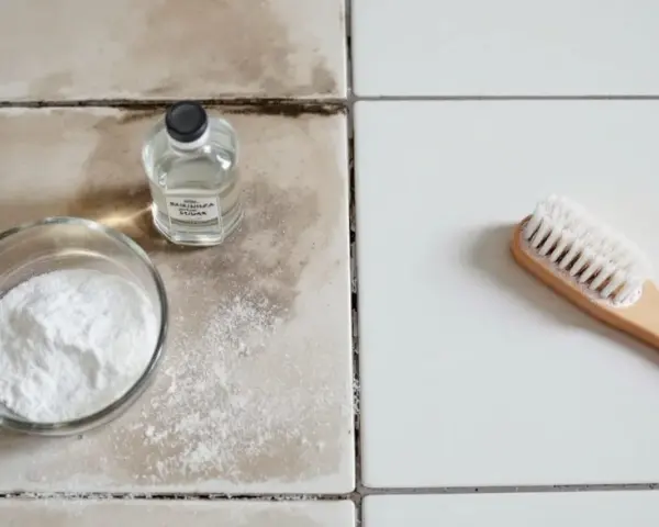 Nettoyer joint de carrelage bicarbonate : bol de poudre blanche, flacon et brosse sur carrelage sale et propre.