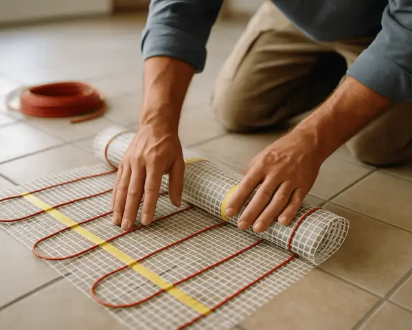 Pose d'un tapis chauffant pour plancher avant la pose de la colle carrelage. Un rouleau de câble rouge est visible.