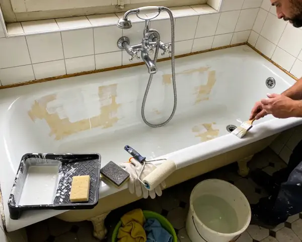 Un homme est en train de peindre une baignoire ancienne. Des outils comme un pinceau, un rouleau et de la peinture sont à proximité.