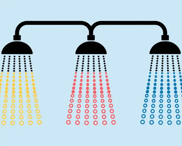 Trois douches : une jaune (chaude), une rouge (tiède), une bleue (froide). Combien de litre d'eau chaude pour une douche ?