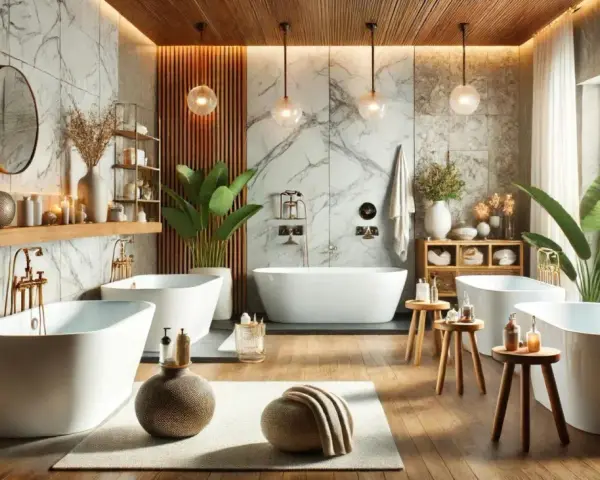 Salle de bain luxueuse avec plusieurs baignoires, robinetterie dorée et une ambiance de **fonte minérale** apaisante.