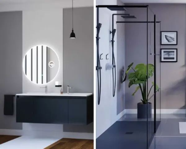 Home staging salle de bain moderne avec miroir lumineux, meuble suspendu et douche à l'italienne.