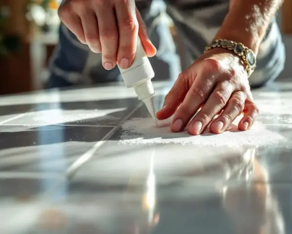 Application de joint blanc sur du carrelage sur placo. Les mains travaillent avec précision pour un résultat impeccable.