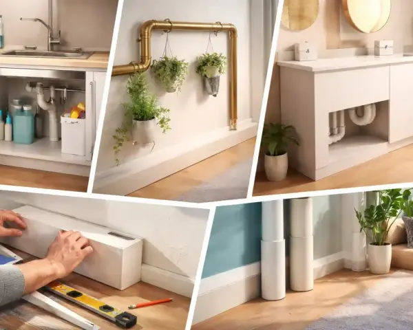 Installation d'un coffrage pour cacher les tuyaux disgracieux sous un lavabo et dans un coin de pièce.
