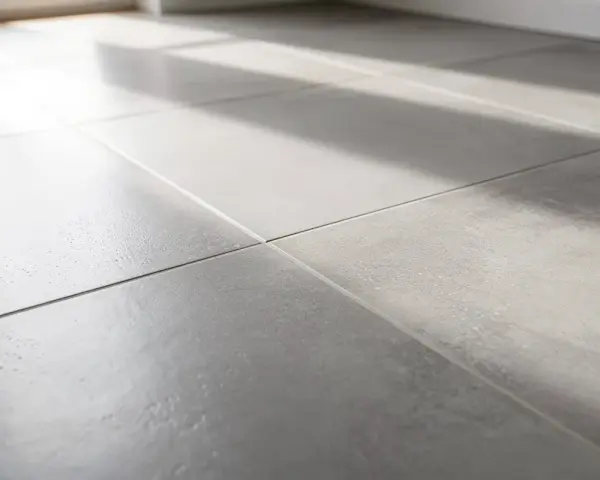 Gros plan sur un carrelage gris moderne, baigné de lumière. On entendrait presque le carrelage qui sonne creux sous les pas.