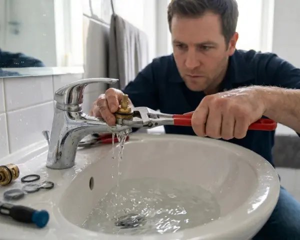 Plombier répare un robinet qui fuit dans une salle de bain. L'eau coule dans le lavabo pendant qu'il utilise une clé.
