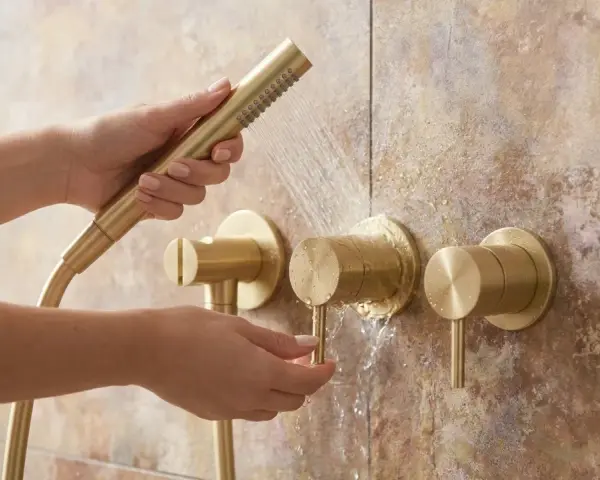 Mains dorées ajustant le débit d'eau d'une robinetterie de salle de bain en laiton, pour un nettoyage chrome salle de bain impeccable.