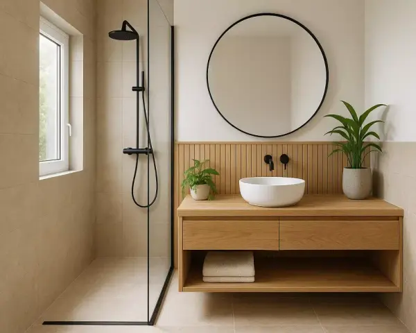 Douche moderne et meuble vasque en bois dans une petite salle de bain 3m2. Miroir rond, plantes vertes et carrelage clair apportent une touche zen.