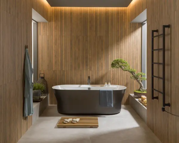 Une **salle de bain japandi** apaisante avec baignoire îlot, murs en bois, et un bonsaï.