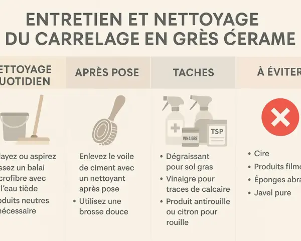 Guide d'entretien du carrelage : nettoyage quotidien, après pose, gestion des taches et produits à éviter pour prévenir toute rayure sur le carrelage.