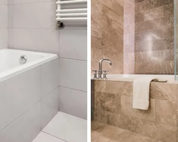 Salle de bain moderne avec baignoire et douche, habillage baignoire carrelage élégant.