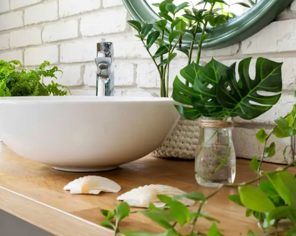 Une vasque blanche sur un plan de travail en bois, entourée de verdure. Une **plante de salle de bain** apporte une touche de fraîcheur à ce décor zen.