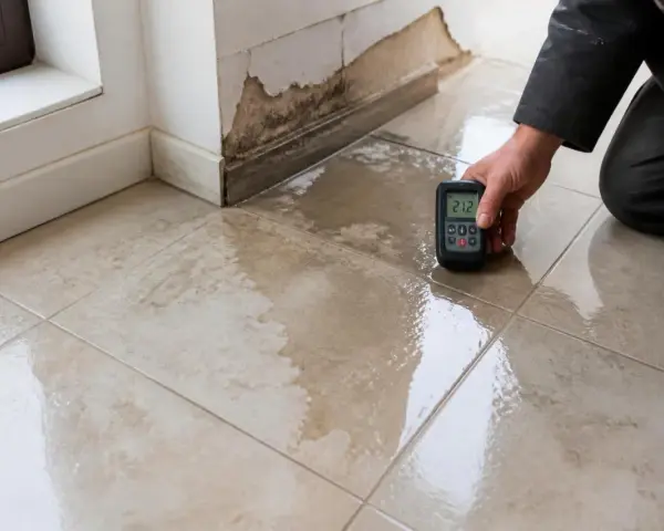 Un professionnel utilise un humidimètre pour diagnostiquer un carrelage qui se décolle à cause de l'humidité, révélant des dégâts importants.