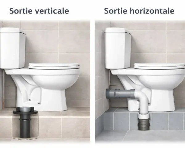 Comparaison de deux installations de toilette sans évacuation : une avec sortie verticale et l'autre avec sortie horizontale.
