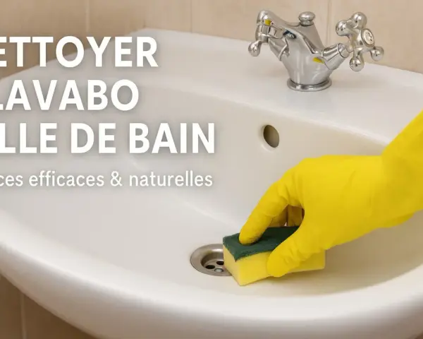 Main jaune nettoyant un lavabo de salle de bain pour enlever le calcaire. Astuces efficaces et naturelles.