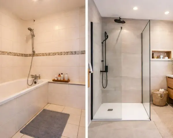 Avant/après : transformation d'une salle de bain avec baignoire en une douche moderne et spacieuse.