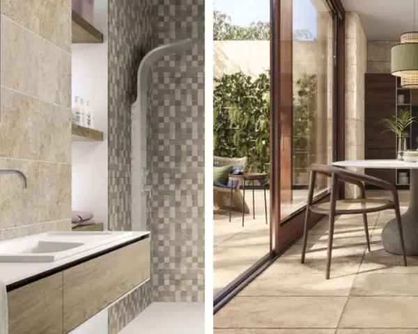 Salle de bain et cuisine modernes avec carrelage au sol et mural. L'épaisseur du carrelage est subtile, créant une finition élégante.
