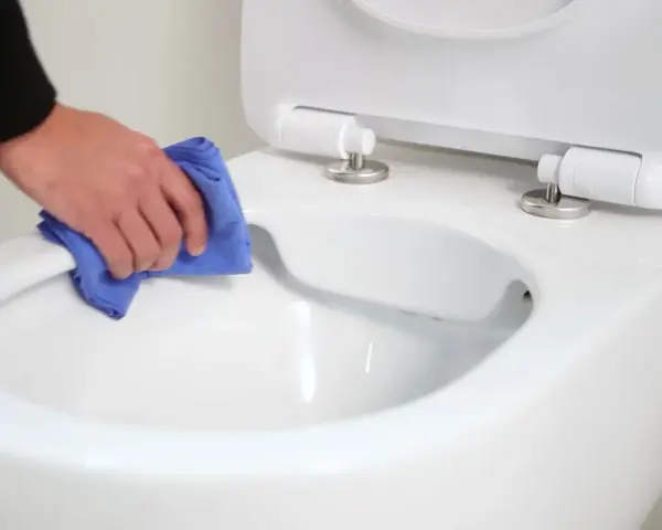 Main propre avec un chiffon bleu, nettoyant le bord d'un wc avec bride ou sans bride.
