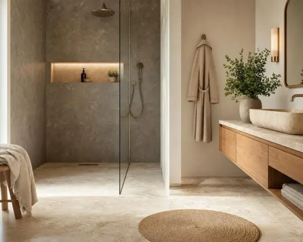 Élégante salle de bain en travertin avec douche à l'italienne, lavabo en pierre naturelle et peignoir suspendu.