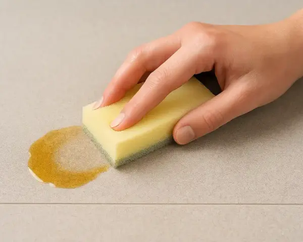 Main tenant une éponge jaune pour nettoyer une tache sur du carrelage. L'acétone peut être utile pour certaines taches tenaces sur le carrelage.