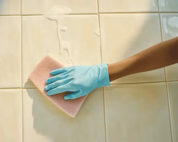 Main tenant, une main gantée de bleu frotte le carrelage de la salle de bain avec une éponge rose, faisant mousser le savon.