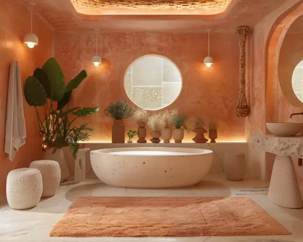 Une salle de bain aux teintes terracotta et beige, avec une baignoire ovale, un lavabo en pierre brute et des plantes luxuriantes.
