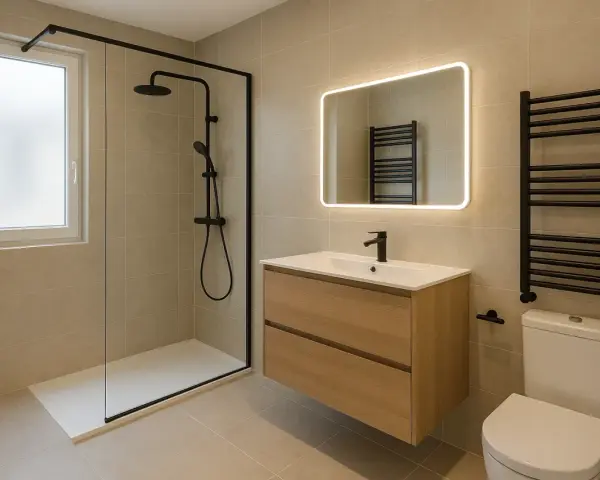 Salle de bain moderne avec douche à l'italienne, meuble vasque en bois, miroir lumineux et radiateur noir. Une belle idée salle de bain douche.