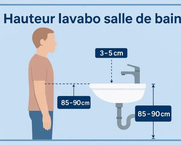 Illustration montrant la hauteur lavabo salle de bain idéale : 85-90 cm du sol au bord, et 3-5 cm entre le robinet et le lavabo.